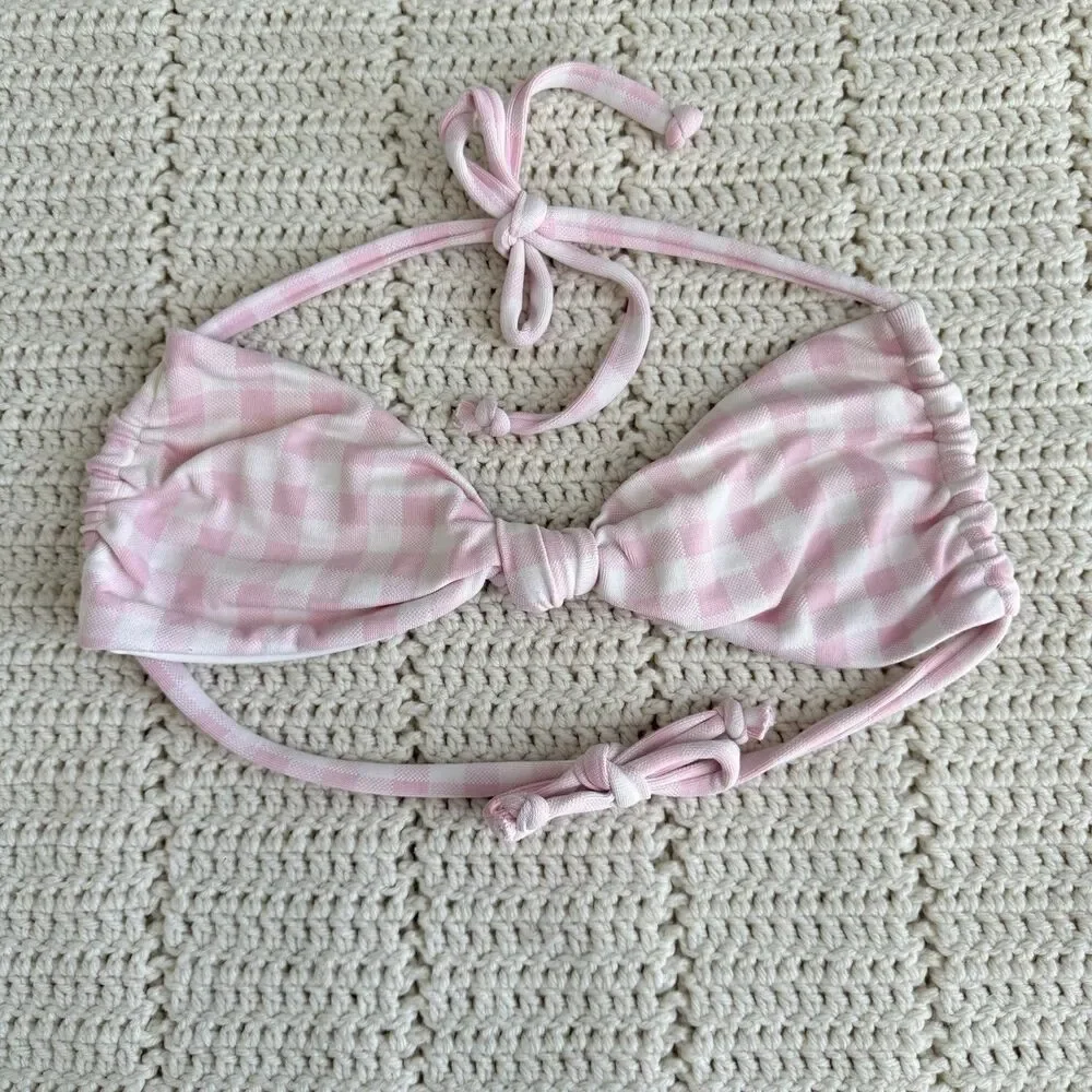 Frankies Bikinis Gabe Halter String Top Size S In Pink Picnic Gingham Checkered